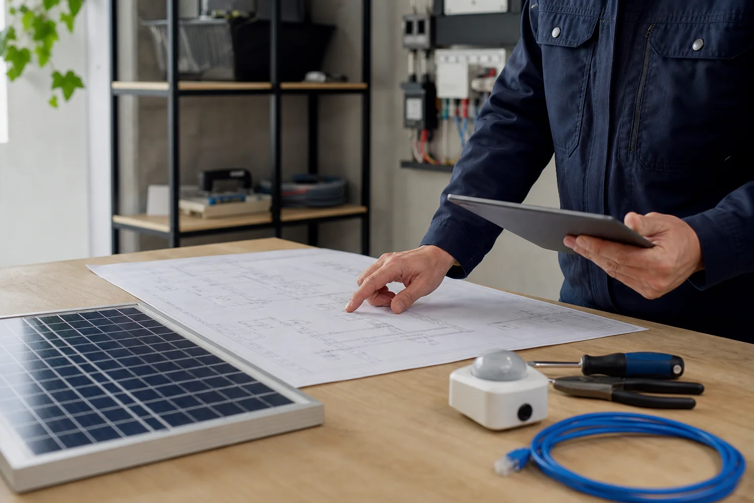 Tecnico che esamina un disegno impiantistico con tablet, sensore e campione fotovoltaico